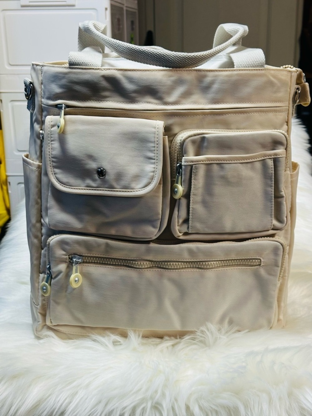 Everyday Utility Tote Bag in Light Beige - Multiple Pockets